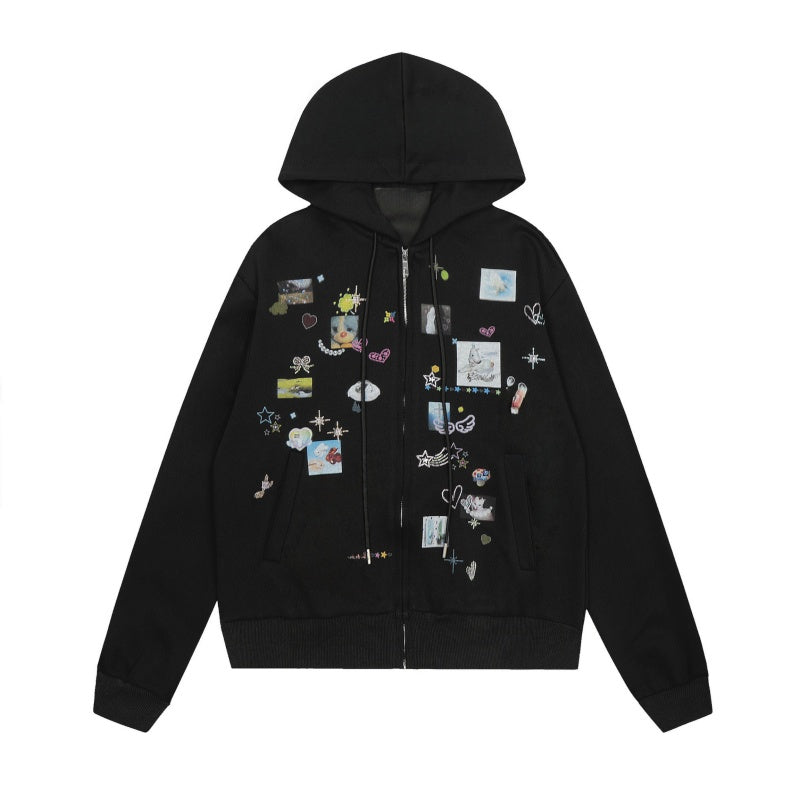 Y2k Lightweight Sticker Print Hoodie