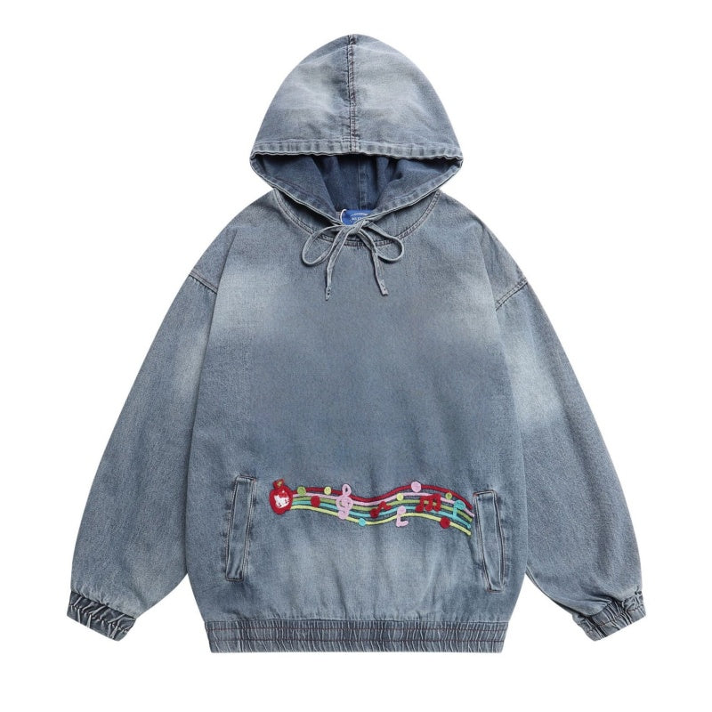 Loose-Fitting Washed Denim Hoodie