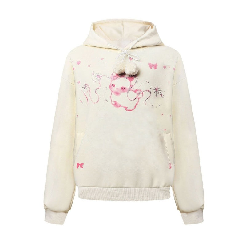 Sweet And Cool Style Rhinestone Gray Hoodie