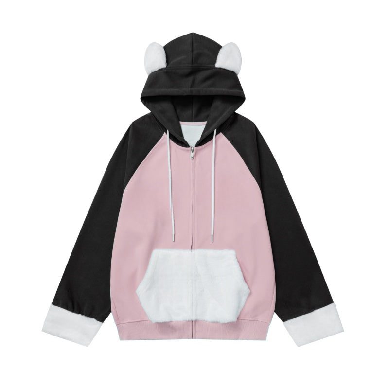 Cute Cat Ears Color-Blocked Hoodie