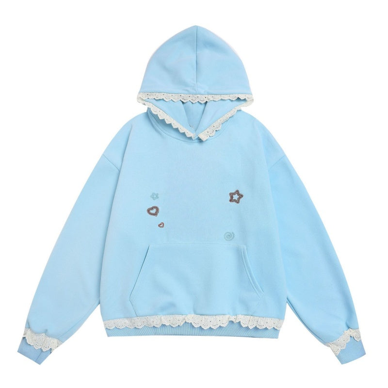Blue Lace-Trimmed Stylish Hoodie