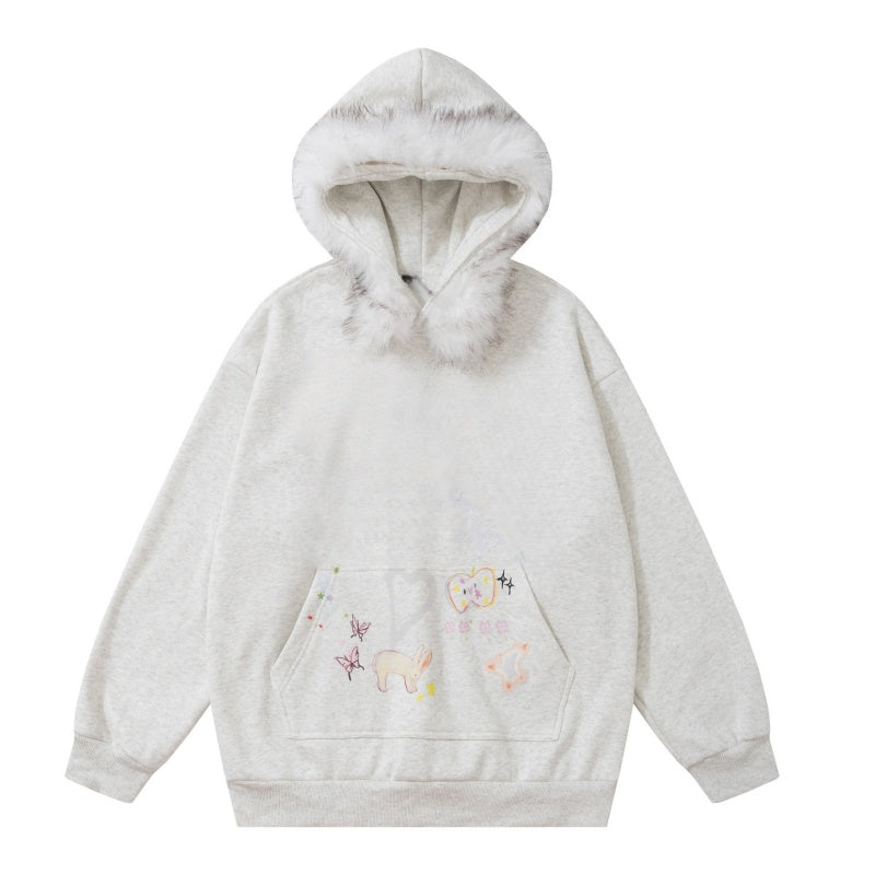 Simple Gray Hoodie With Fur Collar